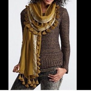 Eileen Fisher Wool Tassel Trim Metallic Shimmer Long Scarf Wrap